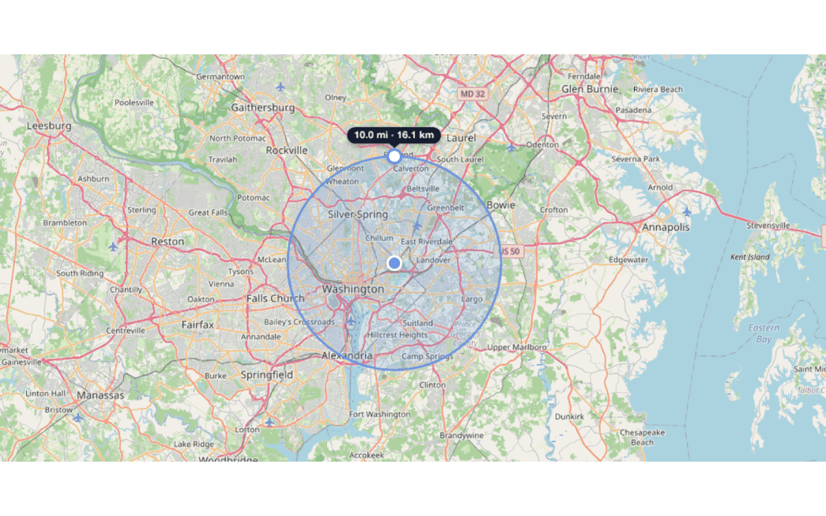 A 10 mile radius circle drawn around an address using the free Map With Radius tool, an alternative to Google Maps