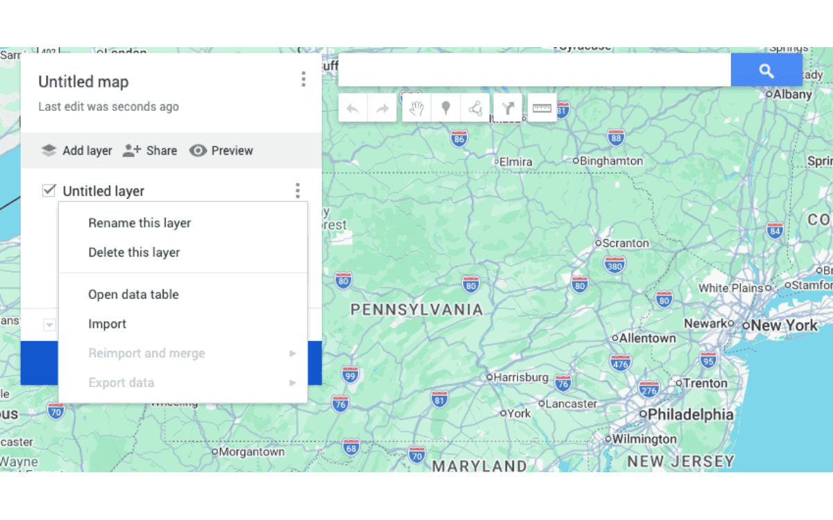 The Import dialog in Google My Maps with a KML radius circle file selected for upload