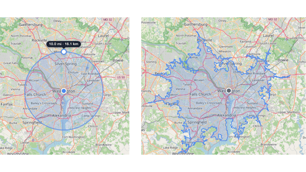 Side-by-side comparison of a circular radius versus an irregular drive time area around the same point on a map