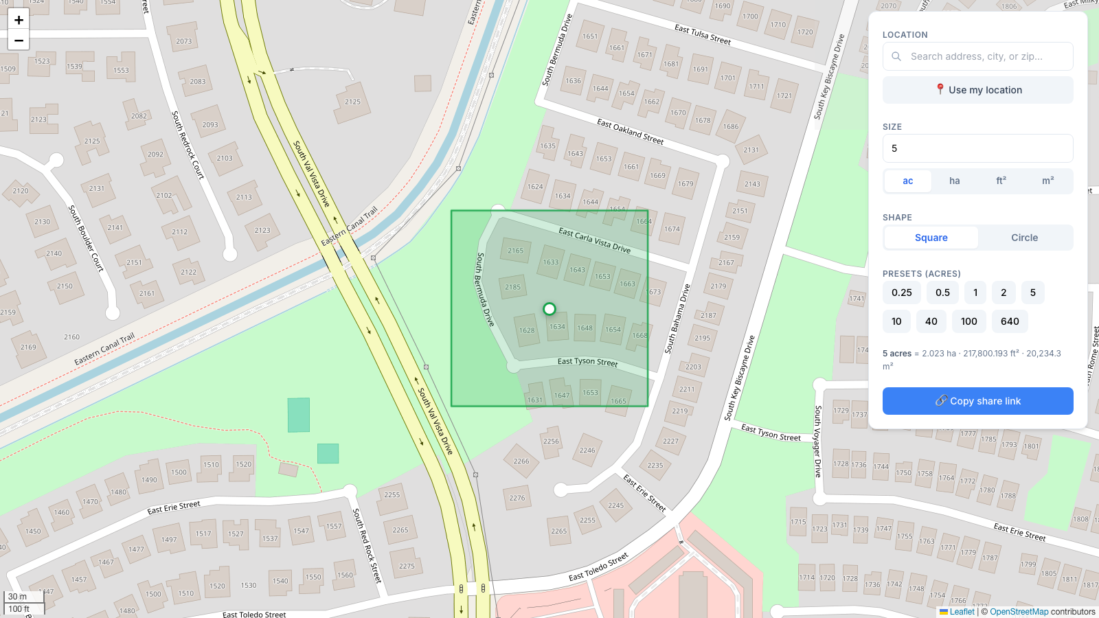 5 acre square overlay placed over a suburban street grid to show how big 5 acres is