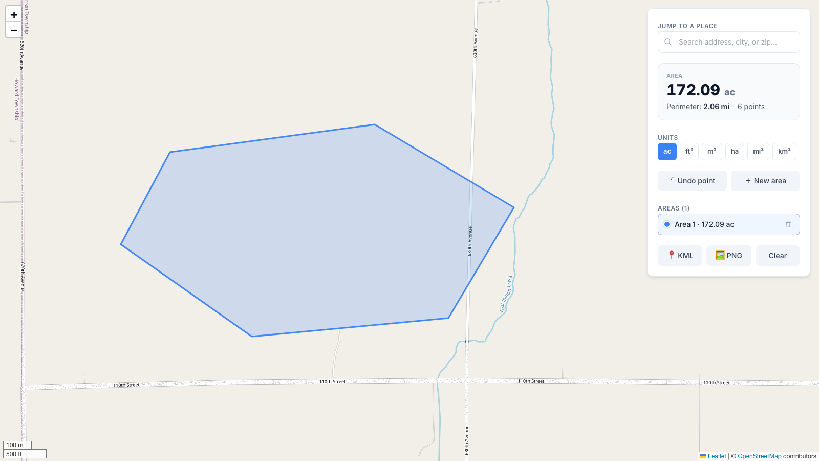 Irregular polygon drawn over farmland with the measured acreage shown by the area calculator