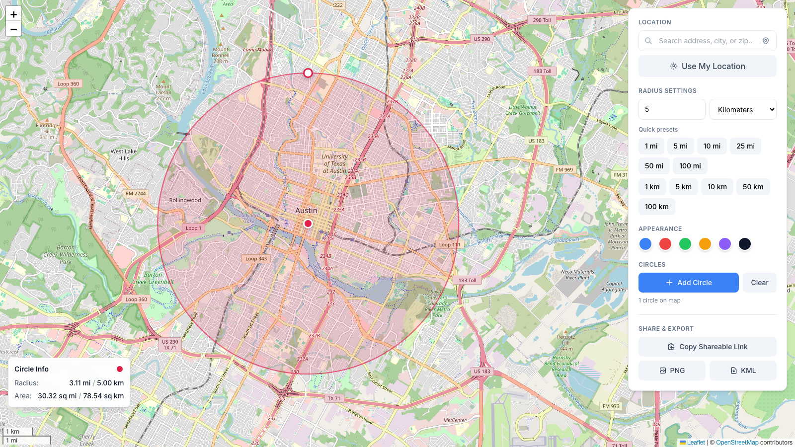 A 5 kilometer circular geofence zone drawn around Austin on the geofence map tool