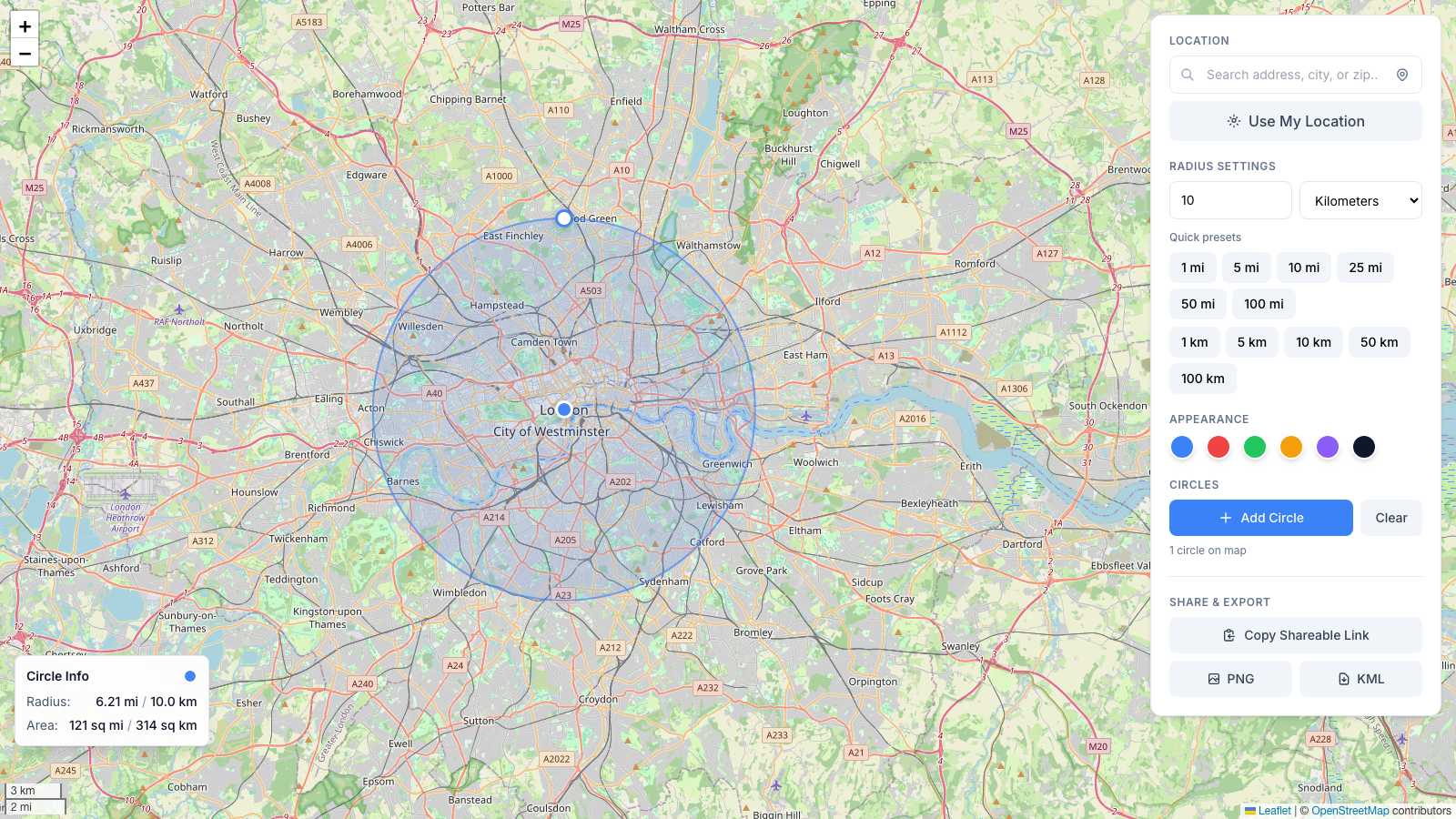 10 kilometer radius circle drawn around central London on the km radius map