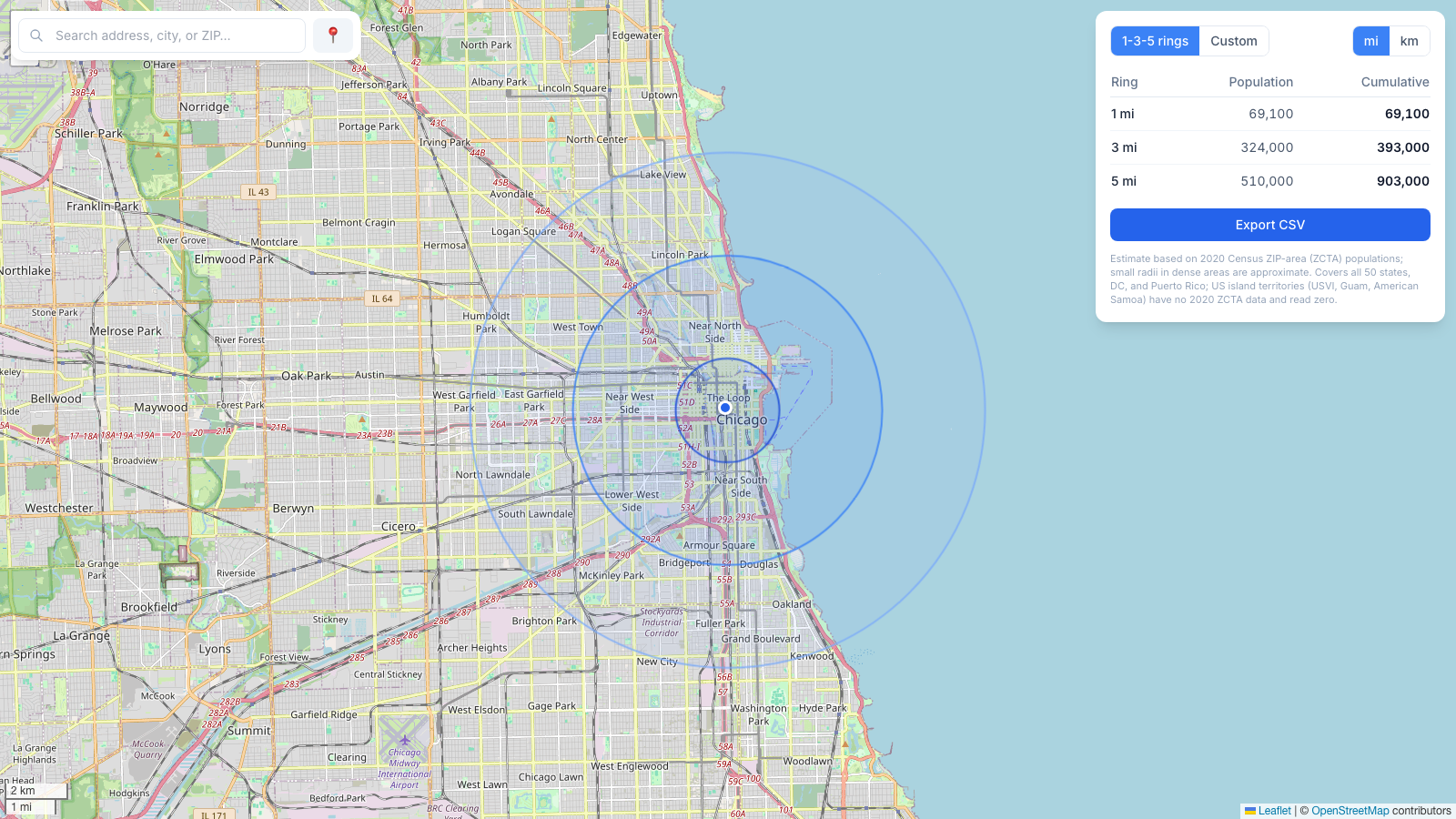 Estimated population within 1, 3, and 5 mile rings around downtown Chicago