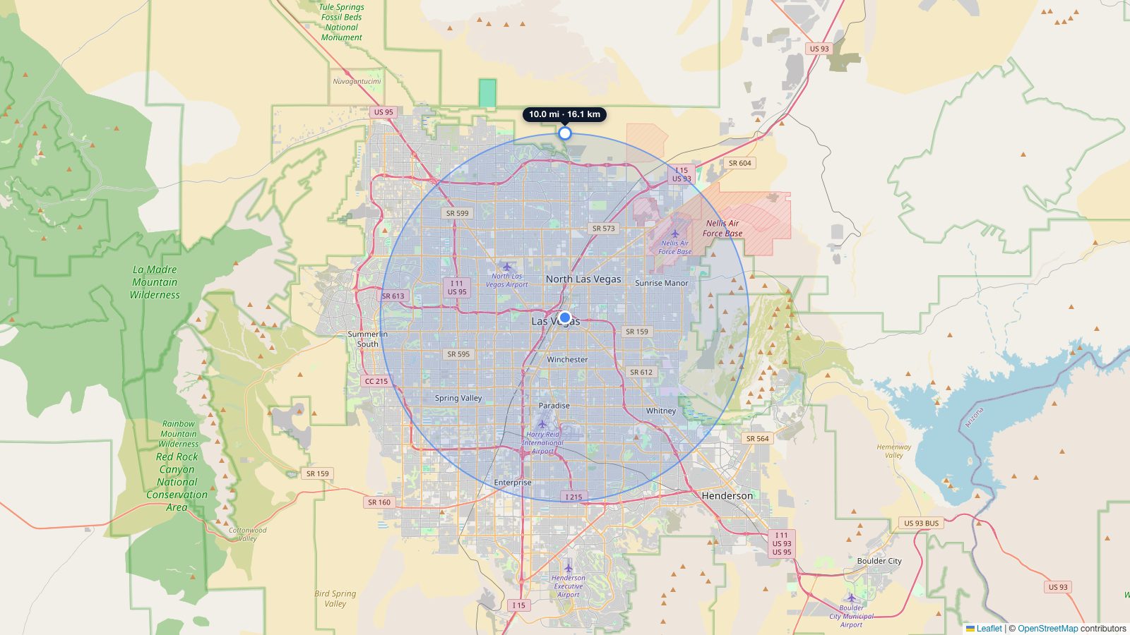 Map of a 10-mile radius around Las Vegas