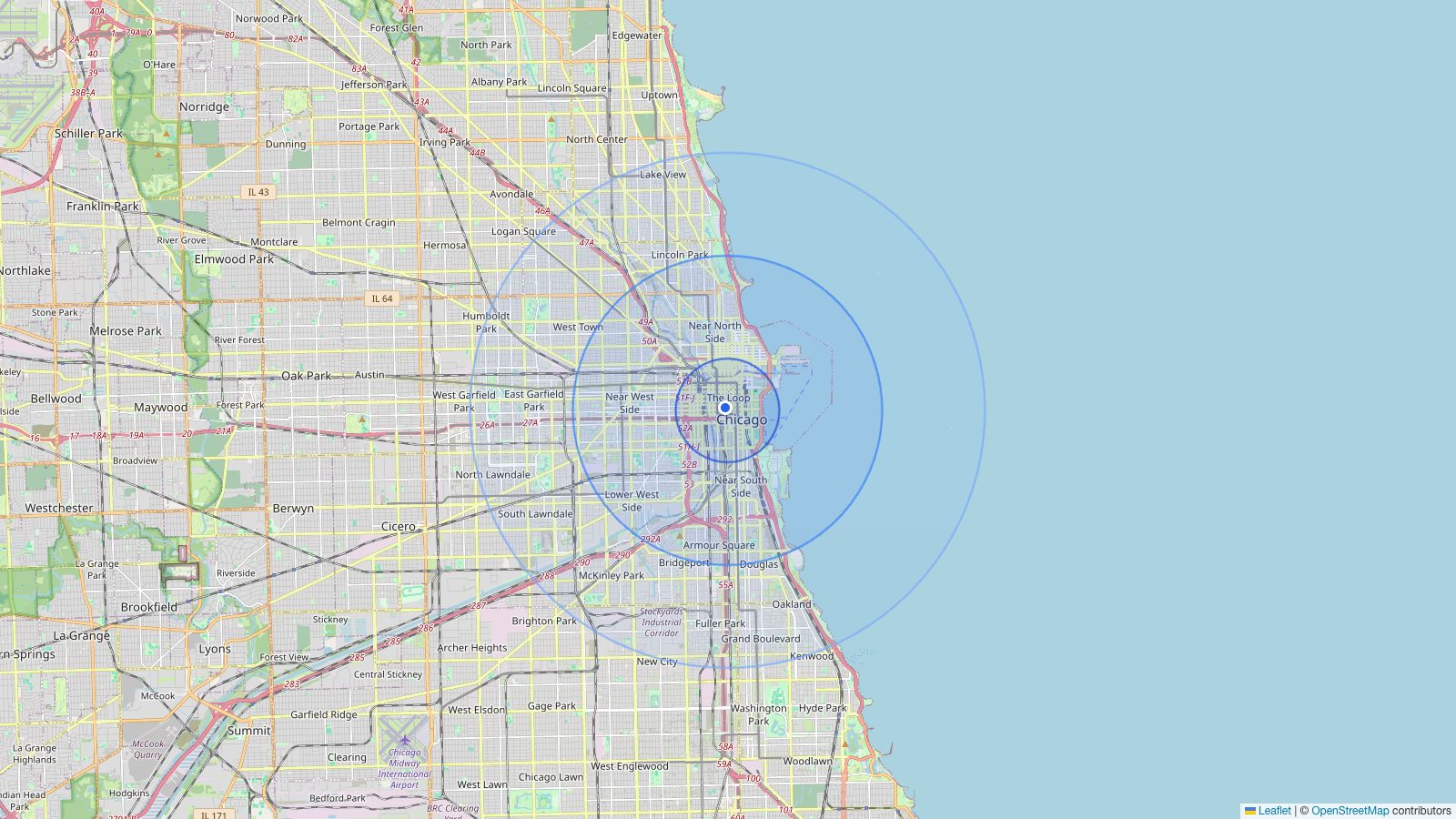 Map of concentric population rings around downtown Chicago