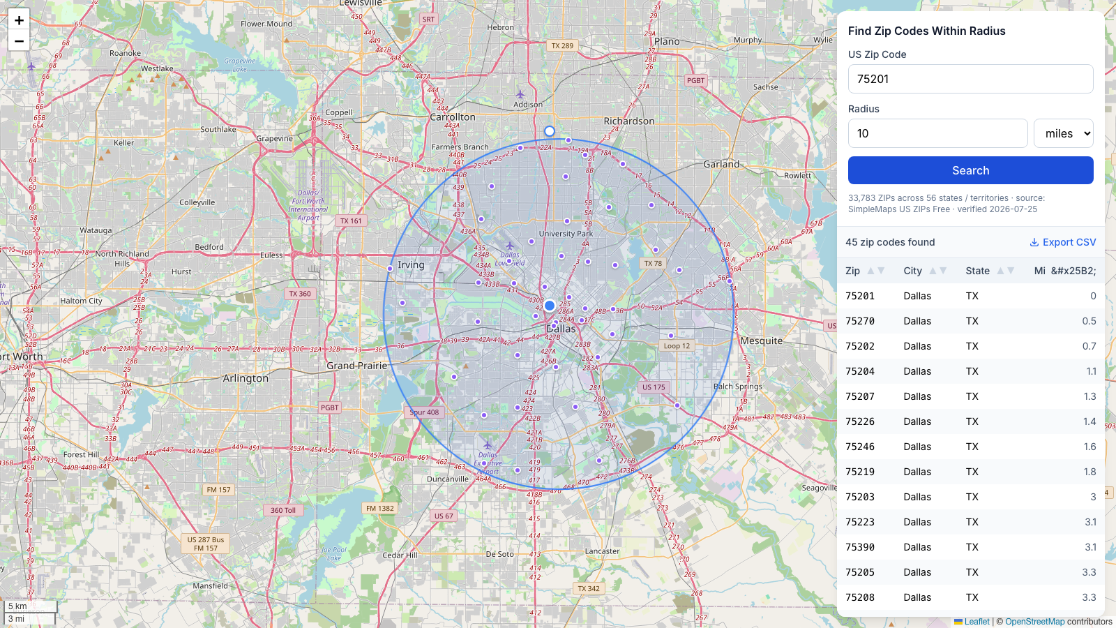 ZIP codes within a 10 mile radius of Dallas shown as pins inside the radius circle